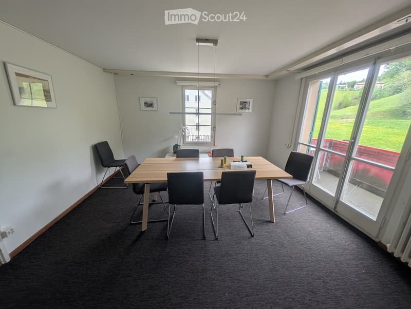 Bright conference room with large windows, a long wooden table, and several black chairs arranged around it. The room has a carpeted floor and white walls adorned with framed pictures.