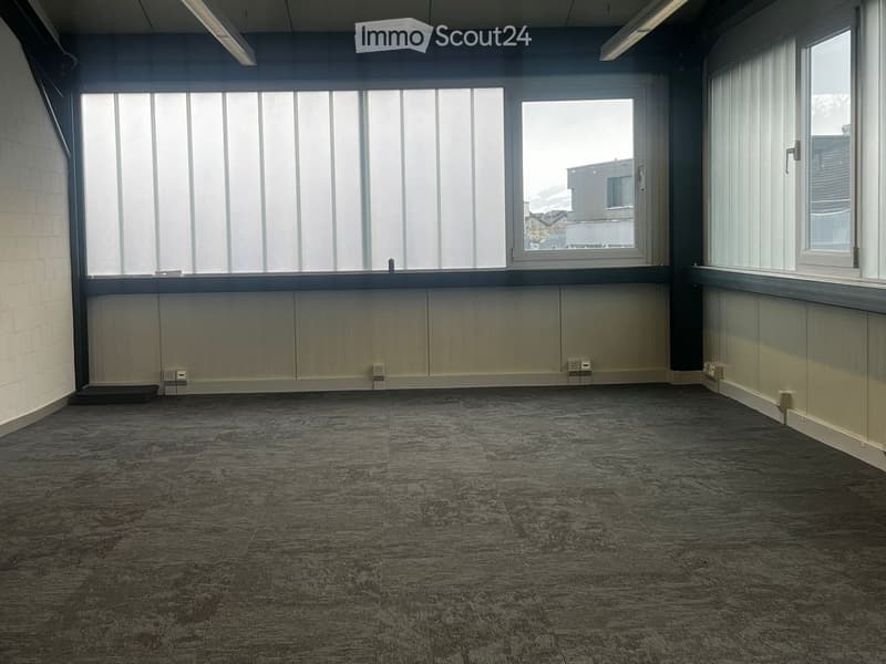 Large empty room with large windows, ceiling lights, power outlets on the walls, and gray floor