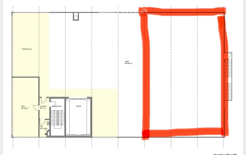 Floor plan showing a basement level with labeled areas including a storage room, office, hallway, staircase, and elevator.
