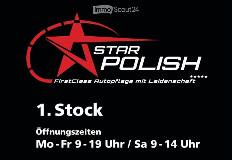 Logo and text for "STAR POLISH" indicating first floor (1. Stock) with opening hours Monday-Friday 9-19 and Saturday 9-14.
