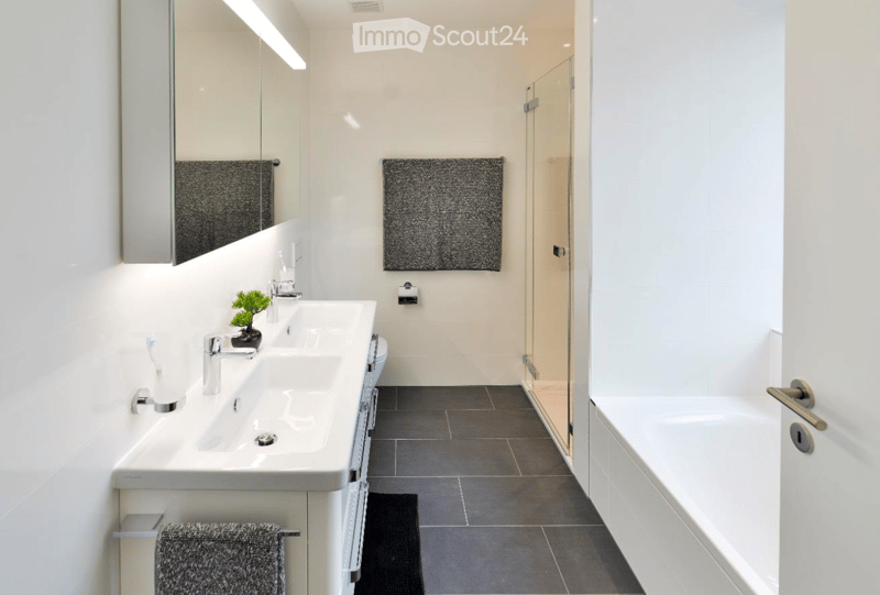 Modern bathroom with a double sink, large mirror, bathtub, and a small plant on the sink counter. The space features dark tiled flooring and white walls.