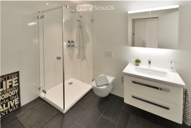Modern bathroom with a glass-enclosed shower, toilet, sink with a modern faucet, and a large mirror above the sink. The floor is dark tiled, and the walls are white.