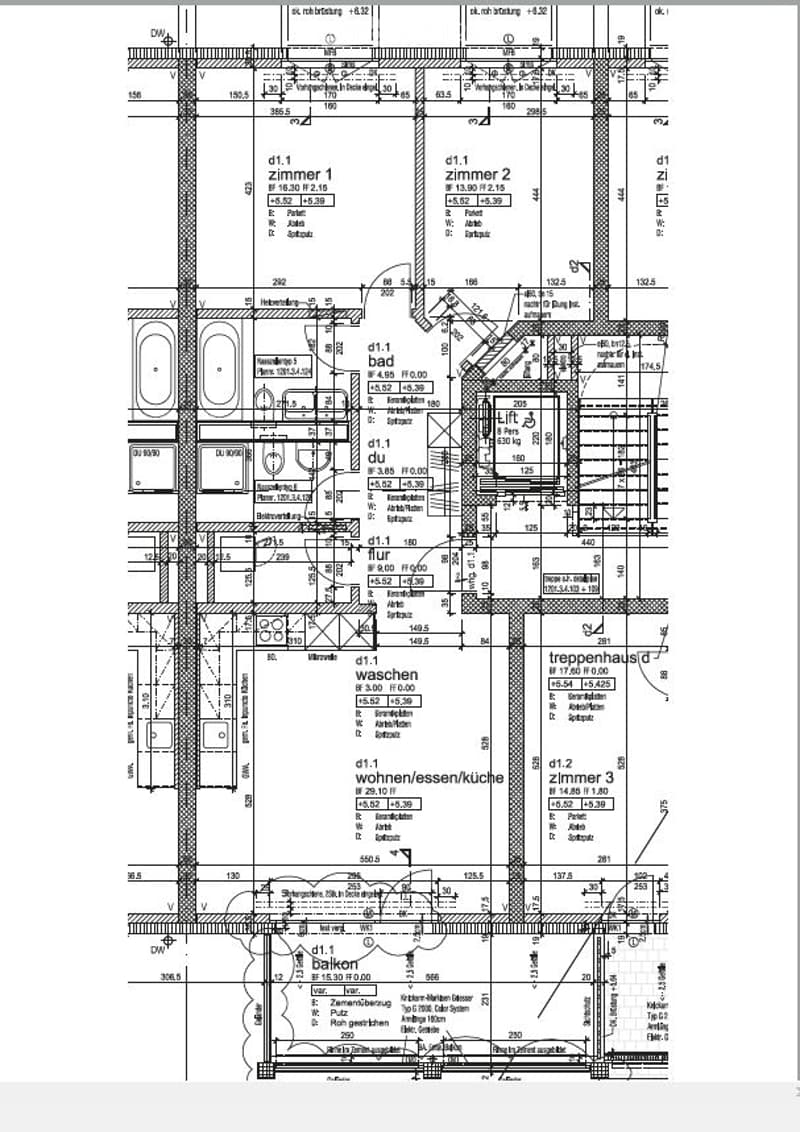 Floor plan of a multi-level residential building with labeled rooms including living room, kitchen, bedrooms, bathrooms, and utility areas.