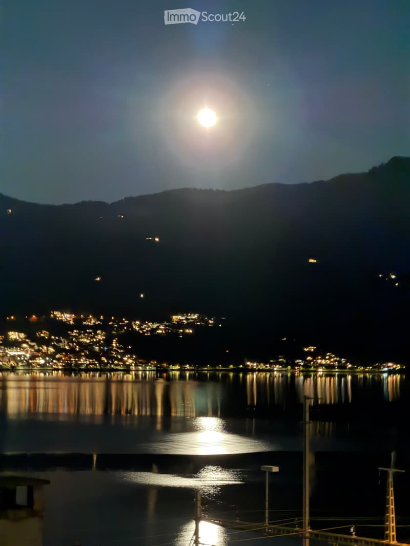 Nighttime view of a calm lake reflecting the moon and city lights from a distant town on the shore.