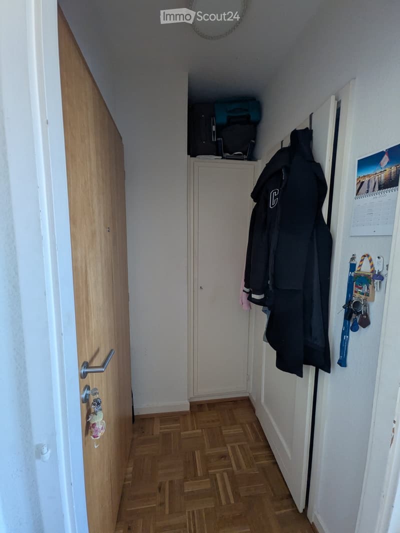 Narrow hallway with wooden flooring, white walls, and a coat rack holding jackets. A small cabinet and a mirror are visible in the background.