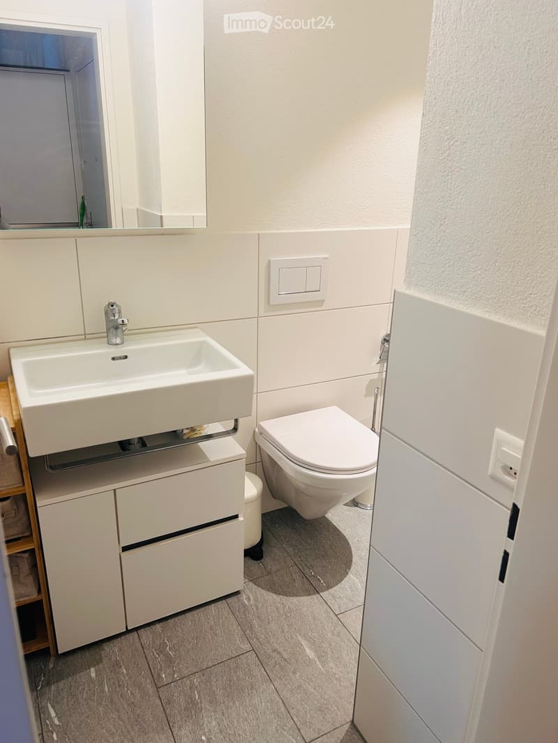 Modern bathroom with a white sink, toilet, and mirrored cabinet. Grey tiled floor and white walls.