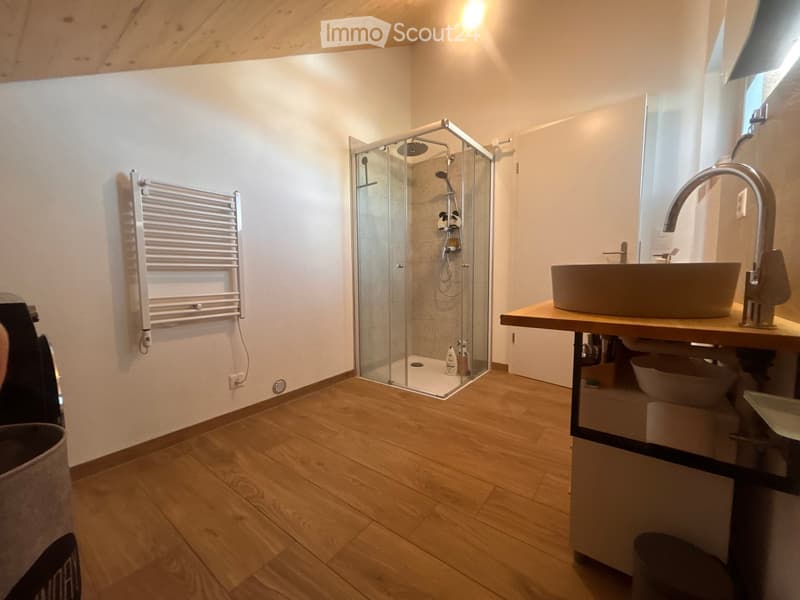 Modern bathroom with wooden flooring, a glass-enclosed shower, a sink with a modern faucet, and a towel rack on the wall.