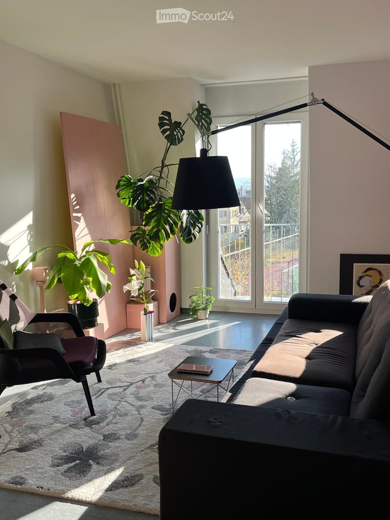 Modern living room with a black sofa, coffee table, armchair, floor lamp, and large plants near the window.