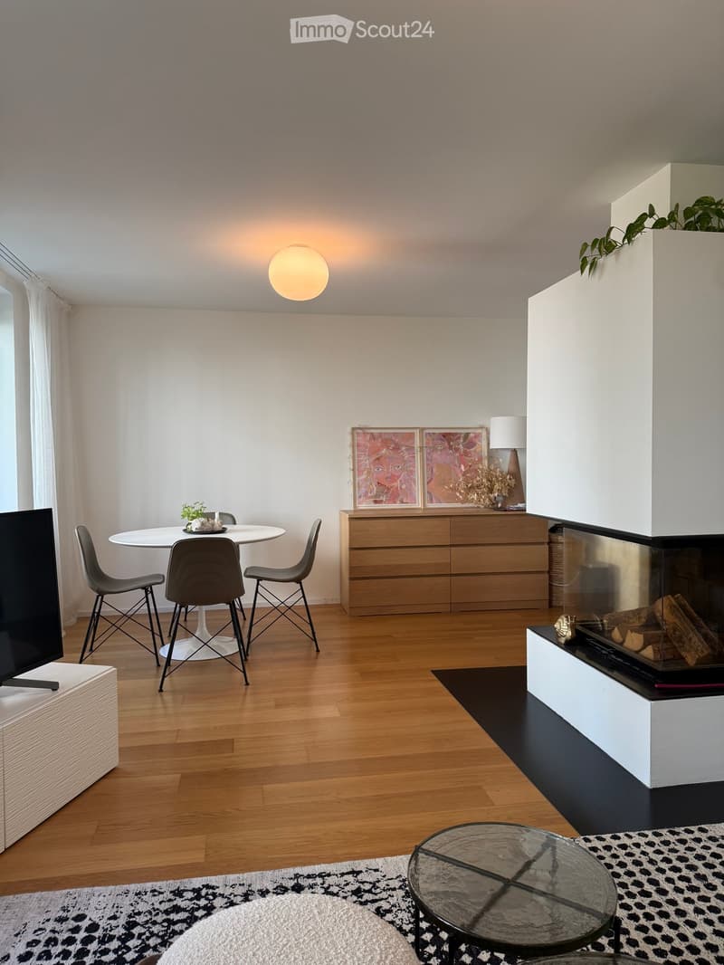 Modern living room with a fireplace, wooden flooring, a round dining table with chairs, a glass coffee table, and a TV stand.