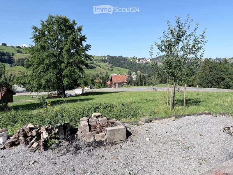 Outdoor area with gravel ground, a small woodpile, and a stone fire pit setup. The background shows a rural landscape with trees, a road, and distant houses.