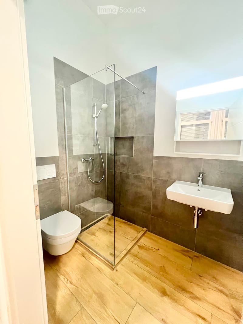 Modern bathroom with a glass-enclosed shower, toilet, sink, and mirror. Light wood flooring and grey tiled walls.