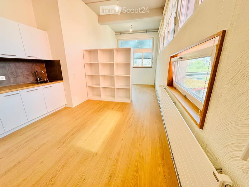 Empty kitchen with white cabinets, wooden floor, and large windows. No furniture or appliances present.