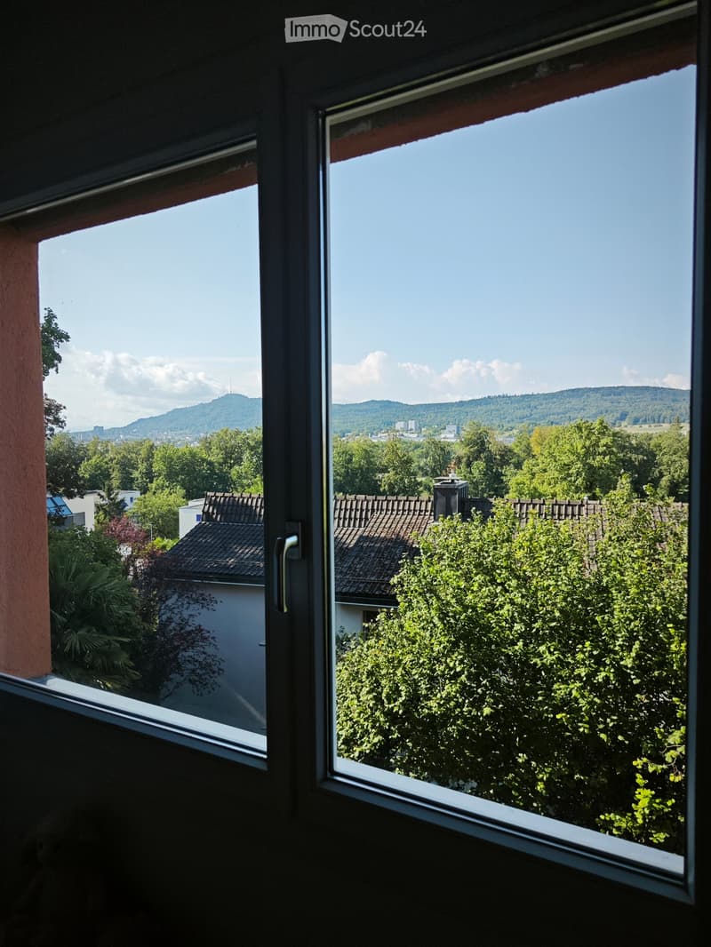View from a window showing a scenic landscape with trees, rooftops, and distant hills under a clear blue sky.
