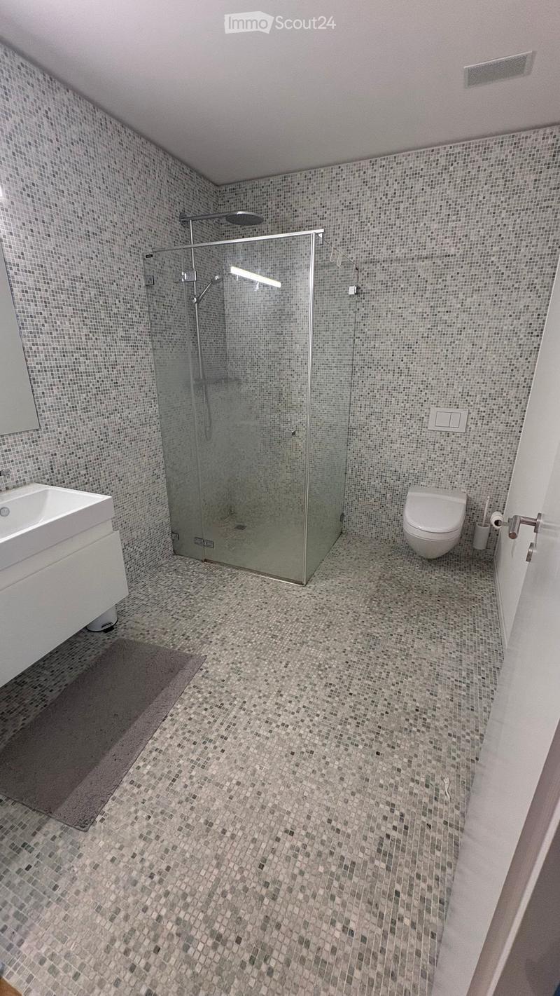Modern bathroom with grey mosaic tiles, glass-enclosed shower, white sink, and toilet.