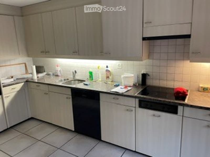 Modern kitchen with light-colored cabinets, a dishwasher, and various appliances on the countertop.