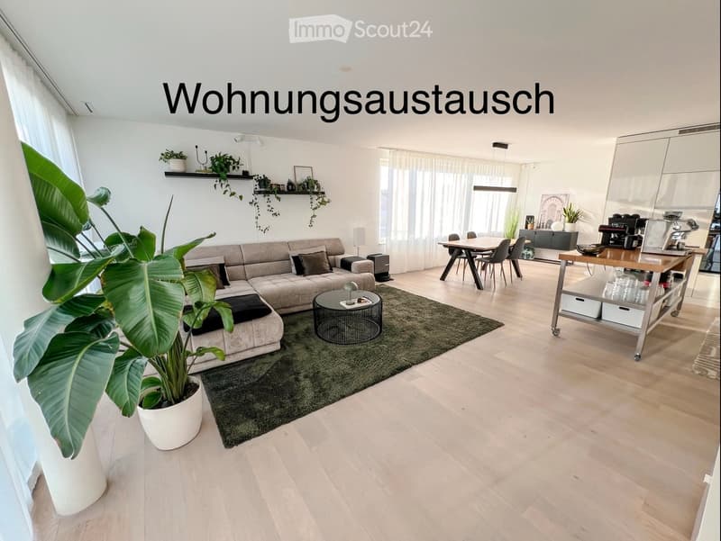Modern living room with light wooden flooring, a large sectional sofa, a round coffee table, a dining area with a table and chairs, and a potted plant near the window.