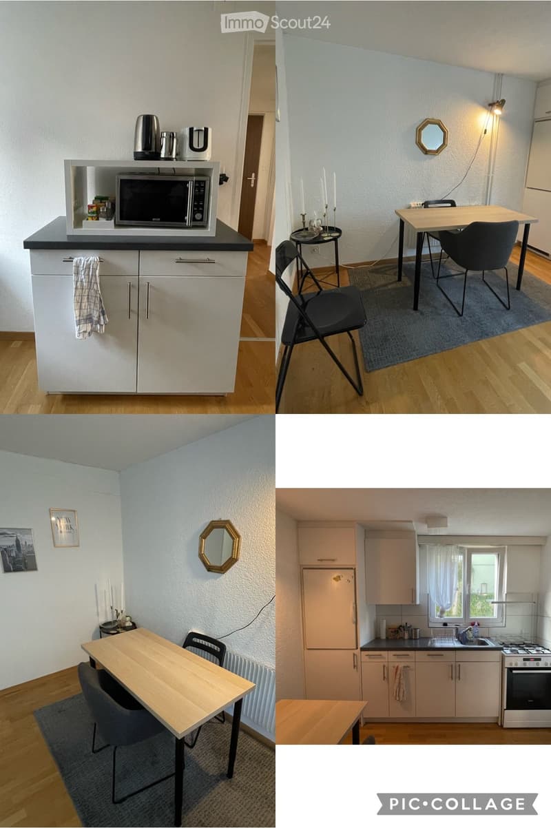 Four images showing a modern, compact kitchen and dining area with white cabinets, a microwave, refrigerator, sink, oven, and a small dining table with chairs.