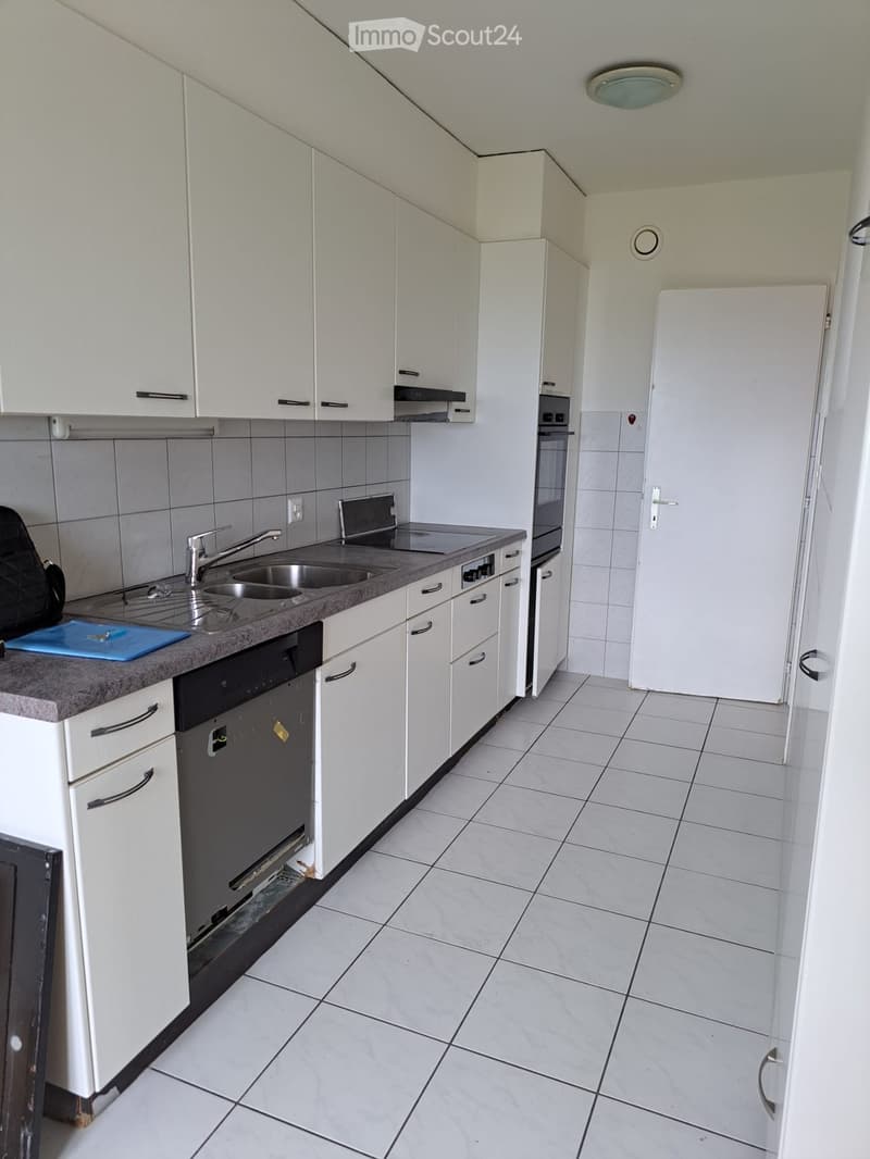 Modern kitchen with white cabinets, stainless steel sink, dishwasher, oven, and refrigerator. The countertops are gray, and the floor is tiled.