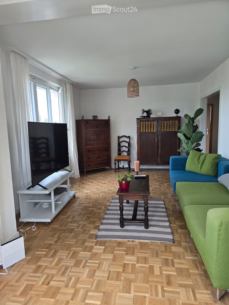 Living room with wooden herringbone flooring, large windows with white curtains, a blue sofa with green cushions, a coffee table with a small plant, a white TV stand, a wooden cabinet, and a wicker hanging lamp.