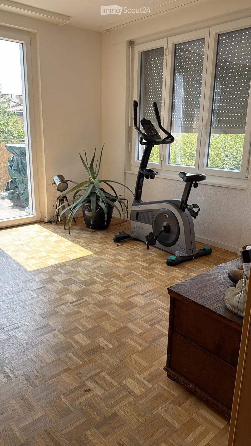 Exercise bike, potted plant, small table with shoes, and a stool in a room with wooden herringbone flooring and large windows.