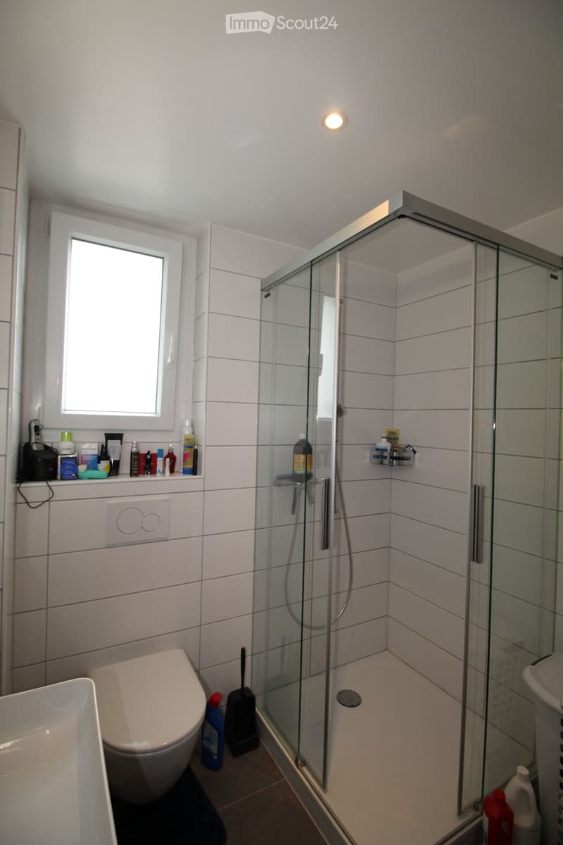 Modern bathroom with white tiled walls, a glass-enclosed shower, a toilet, a sink, and various cleaning supplies on the windowsill and shelf.