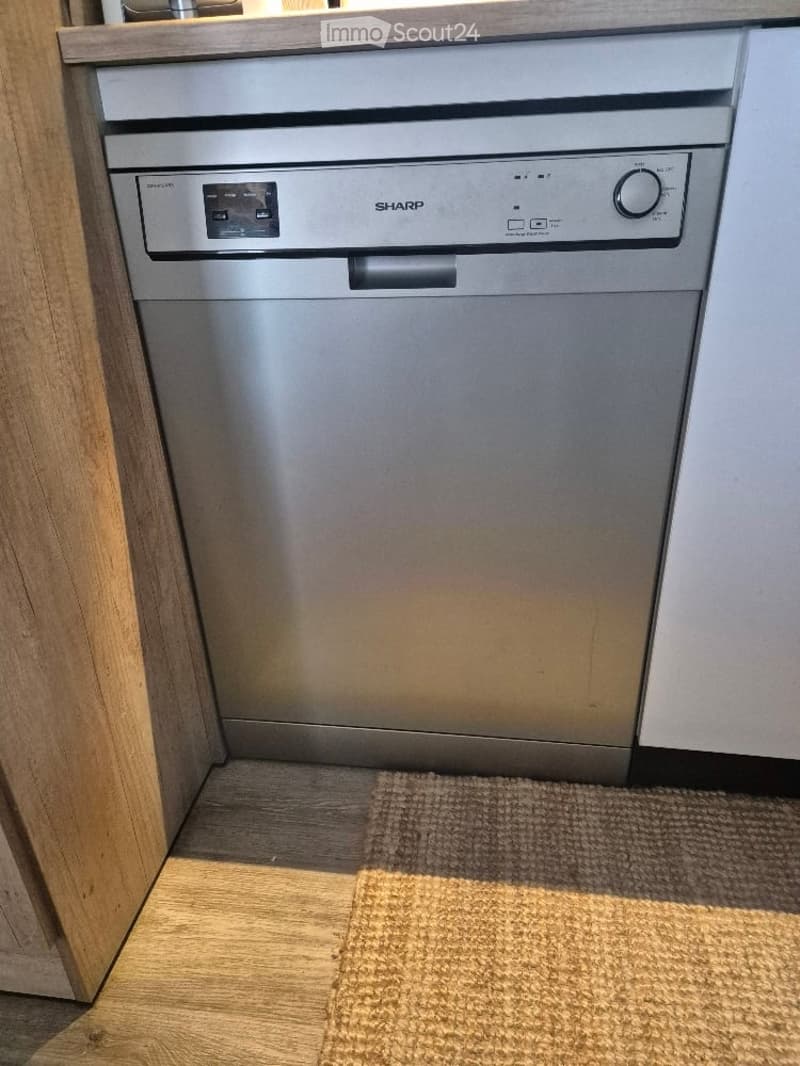 Stainless steel Sharp dishwasher installed in a modern kitchen with wooden cabinetry and a woven floor mat.