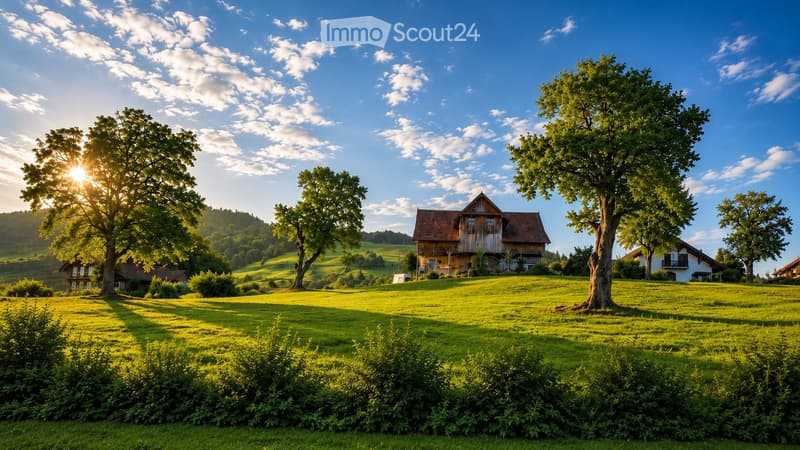 A serene countryside scene with a wooden house, lush green fields, and tall trees under a bright blue sky with scattered clouds.