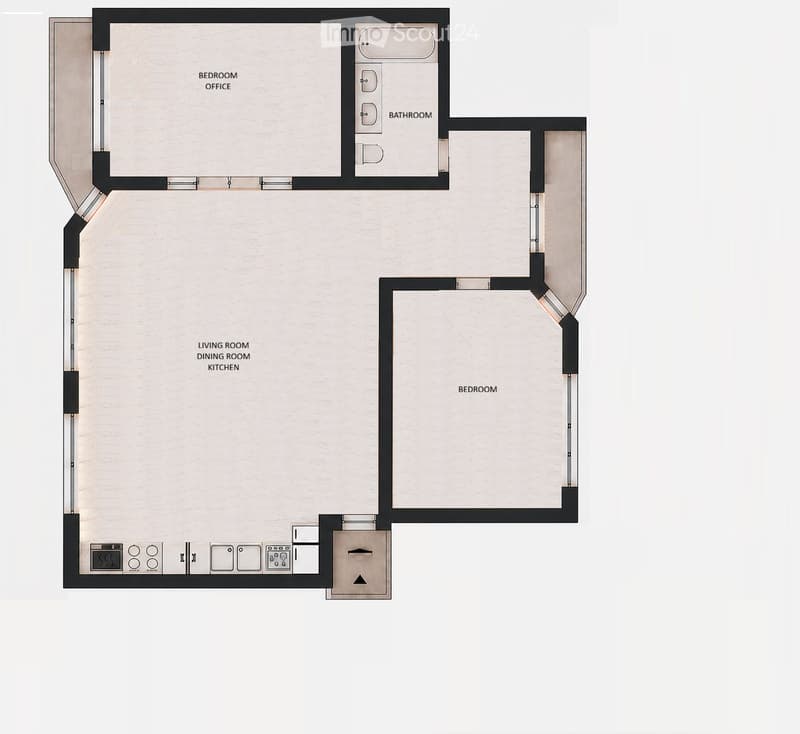 Floor plan of a modern apartment featuring a living room, dining room, kitchen, two bedrooms, a bathroom, and a bedroom office.
