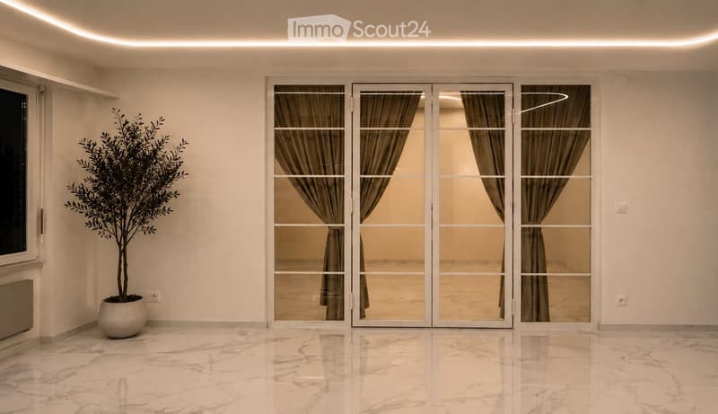 Empty room with white walls, marble flooring, large glass doors with curtains, and a potted plant in the corner.
