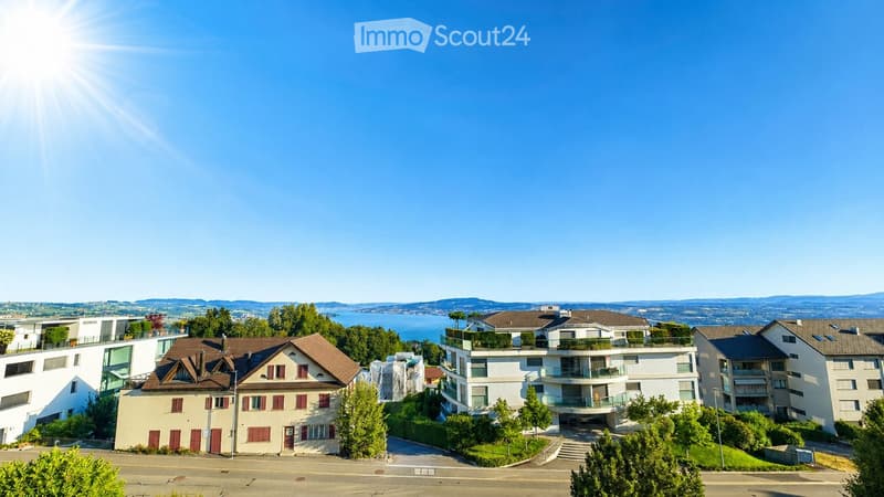 Aerial view of a residential area with modern and traditional houses, surrounded by greenery and a scenic lake in the background.