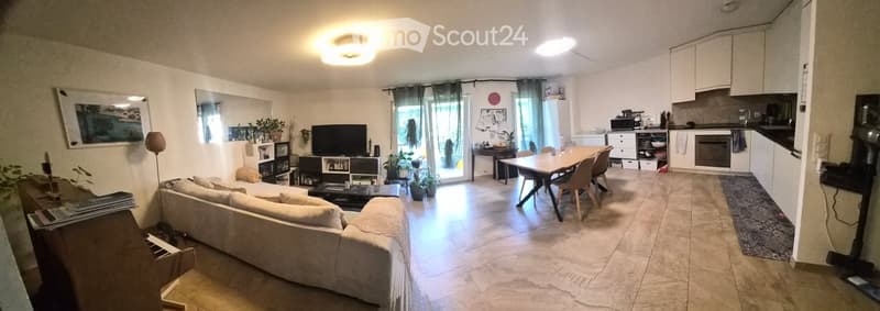 Open-plan living and dining area with a sofa, coffee table, TV stand, dining table with chairs, and a modern kitchen featuring cabinets, microwave, oven, and refrigerator. The space includes a floor lamp, mirror, picture frame, and plants.