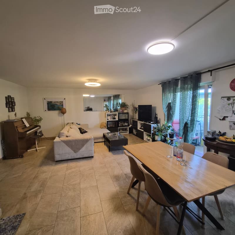 A well-lit living and dining area with a sofa, coffee table, piano, dining table with chairs, television, and various decorative items including plants and artwork.