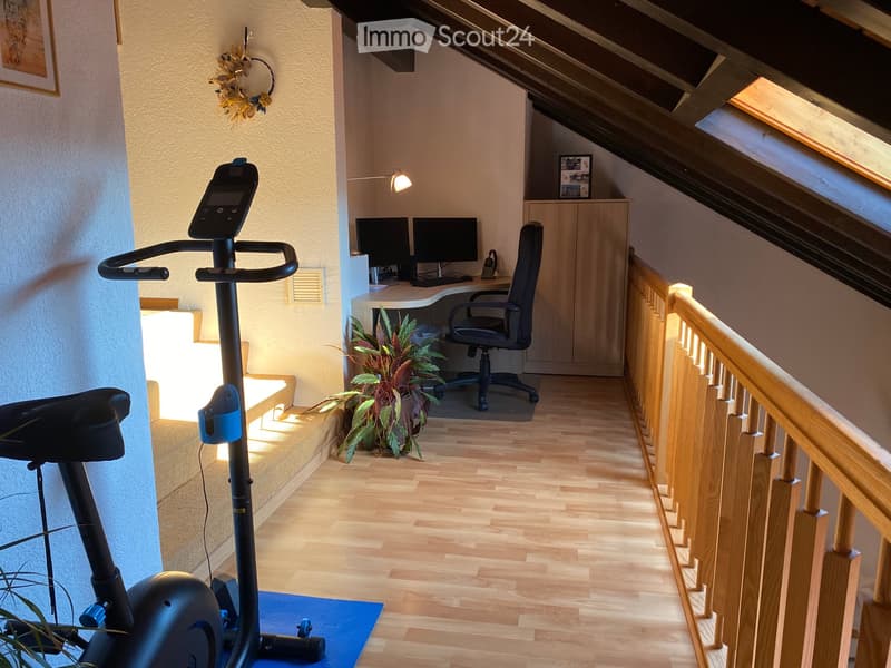 Well-lit room with wooden flooring, exercise bike, desk with computer, chair, and potted plant. Features a wooden railing and slanted ceiling with skylight.