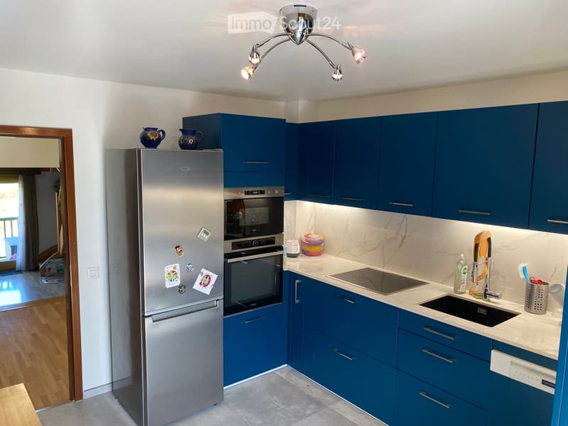 Modern kitchen with blue cabinets, stainless steel appliances, marble countertops, and a sleek design.