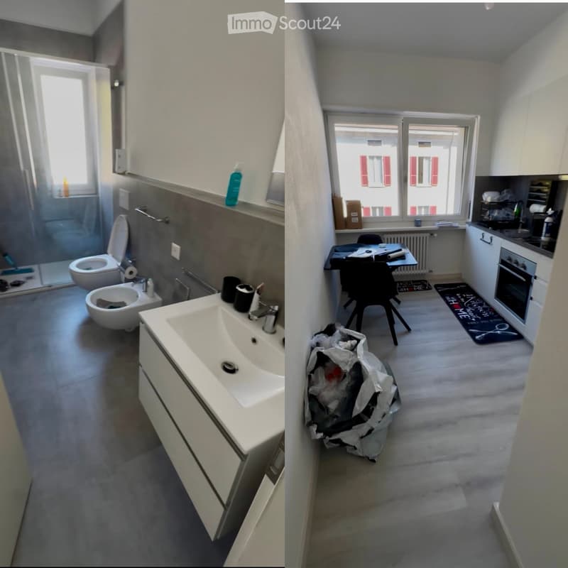 The left image shows a modern bathroom with a sink, toilet, bidet, and shower. The right image shows a small kitchen with an oven, refrigerator, table, and chair. Both rooms have light-colored walls and flooring.
