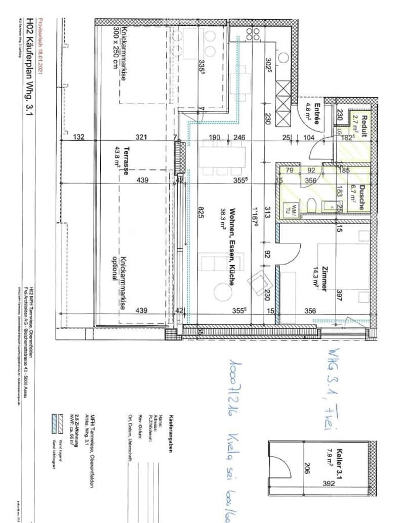 Floor plan of a residential unit showing a kitchen, living area, bedroom, bathroom, and terrace.