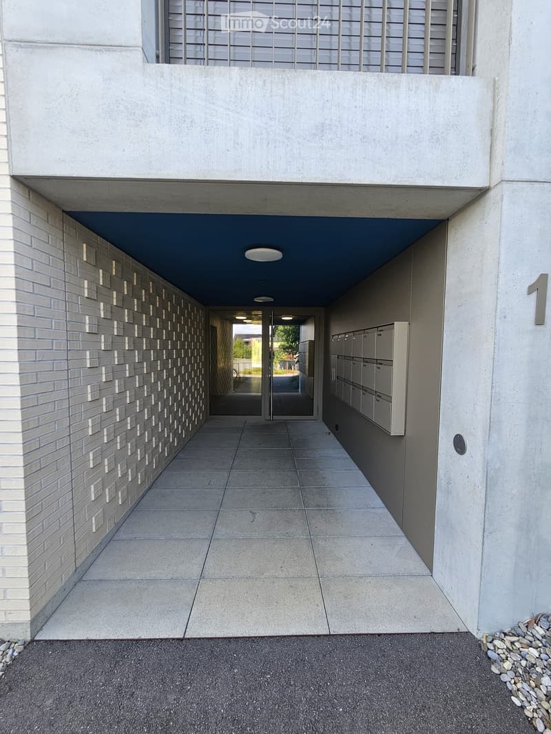 Modern covered entranceway with concrete walls, tiled floor, mailboxes, and a glass door leading outside.