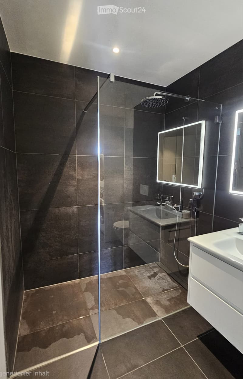 Modern bathroom with dark tiled walls, glass shower enclosure, and a white vanity with a sink and mirror.