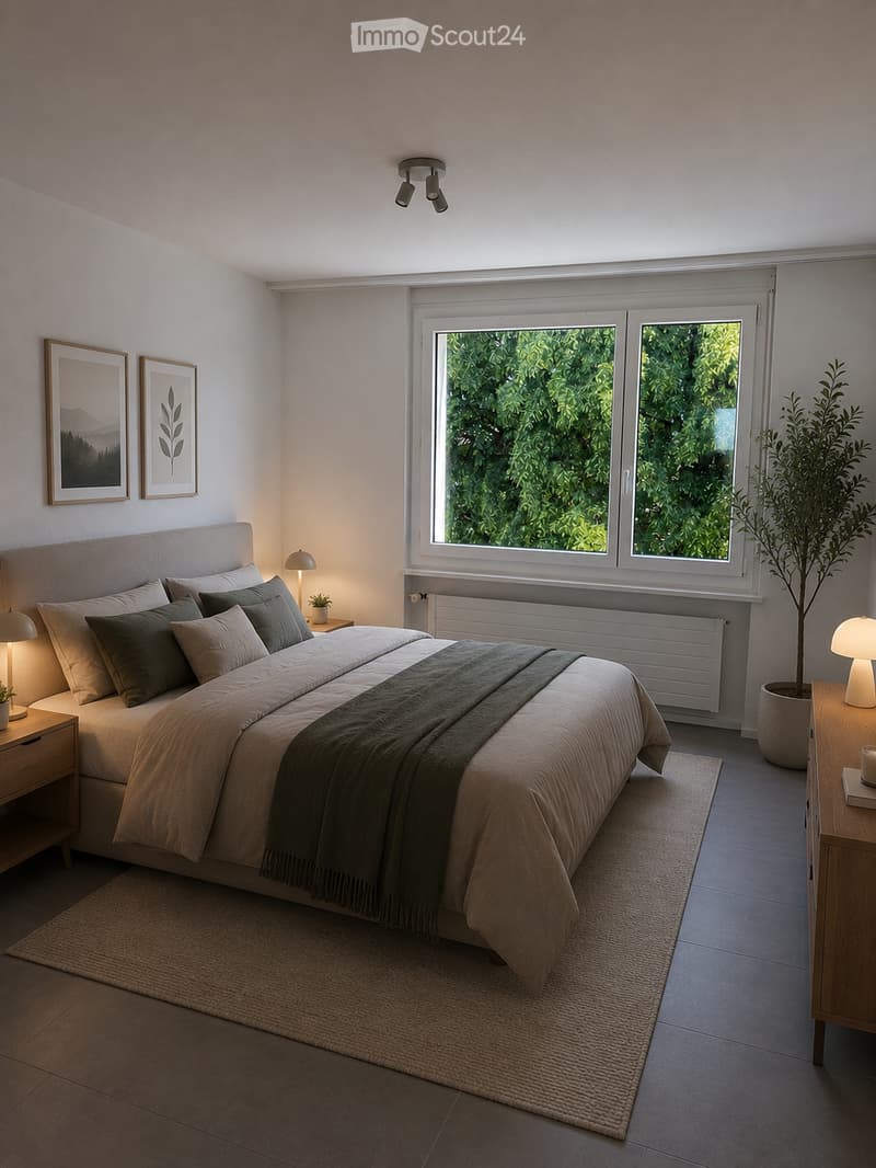 Modern bedroom with a large bed, nightstands, lamps, picture frames, and a potted plant near the window.