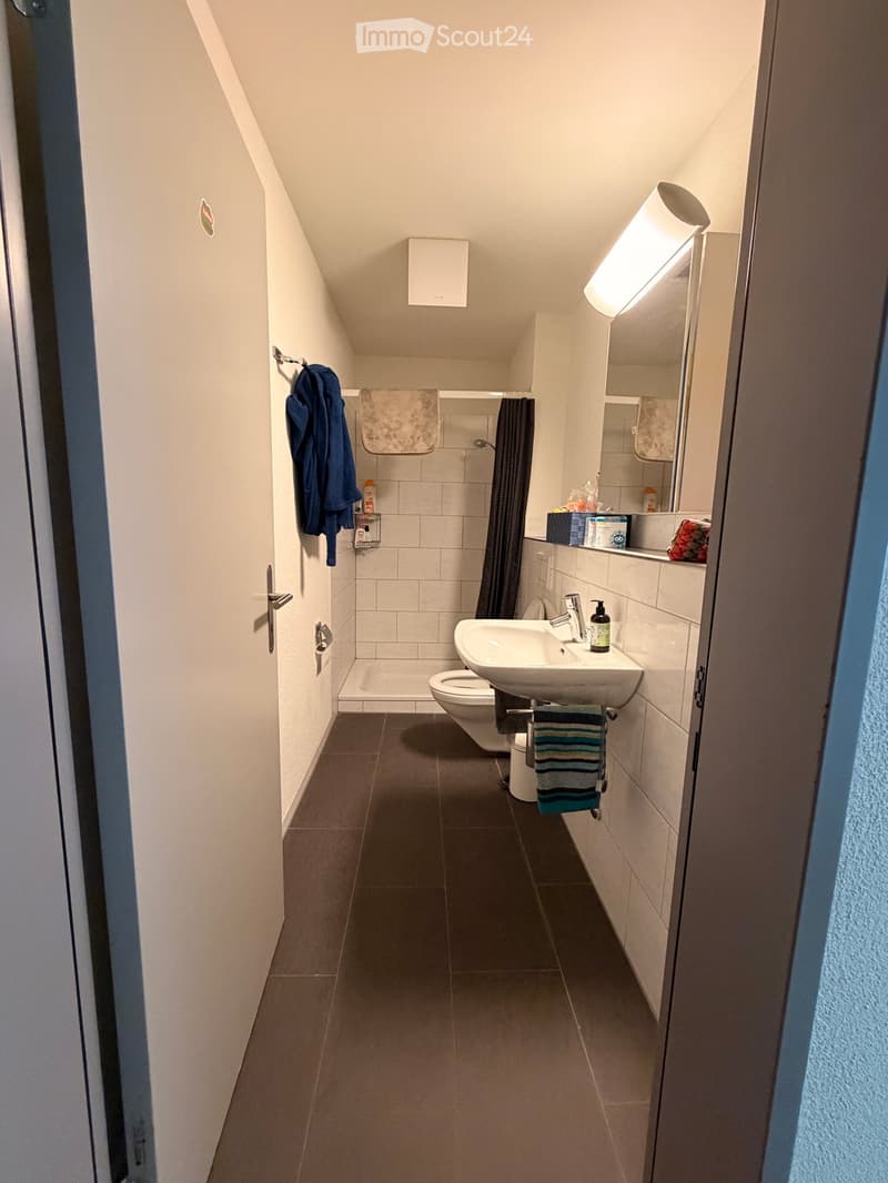Modern bathroom with a sink, toilet, mirror, and towels. The space features white tiled walls and dark grey tiles on the floor.