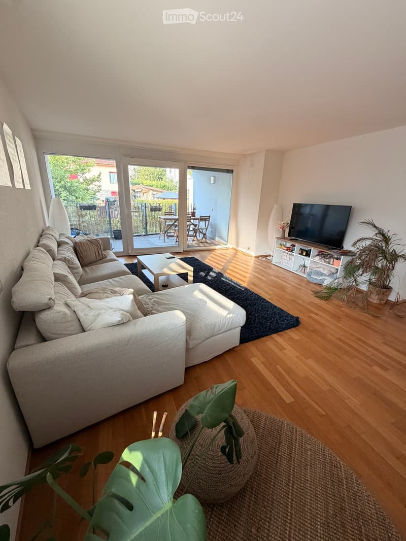 Bright living room with large sliding glass doors leading to a balcony, a grey sectional sofa, a coffee table, a television on a shelf, and a potted plant.