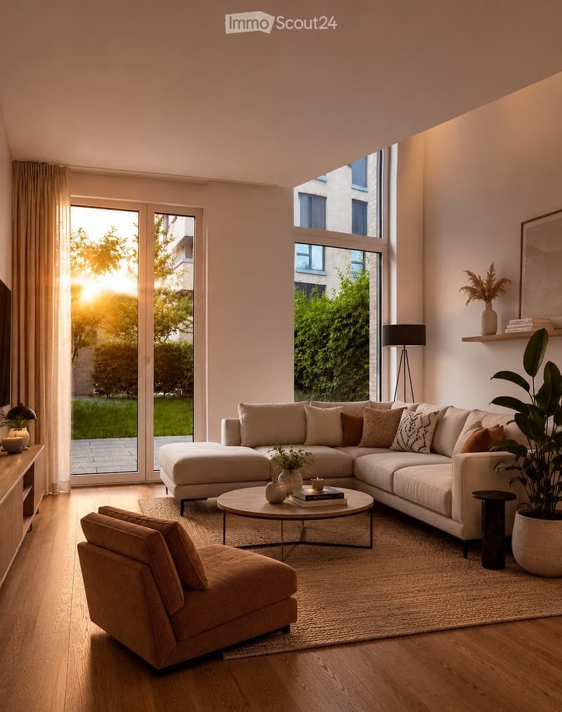 Modern living room with a large sectional sofa, coffee table, armchair, floor lamp, and large windows with sheer curtains. The space features a light-colored carpet, wooden flooring, and decorative plants.