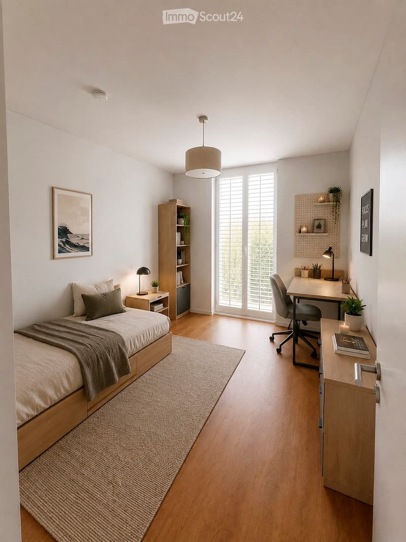 Modern bedroom with a wooden bed, nightstand, desk, and large window with blinds. Includes a bookshelf, potted plants, and decorative items.