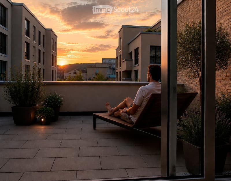 A man is relaxing on a wooden lounge chair on a modern rooftop terrace during sunset, surrounded by potted plants and a cityscape view.