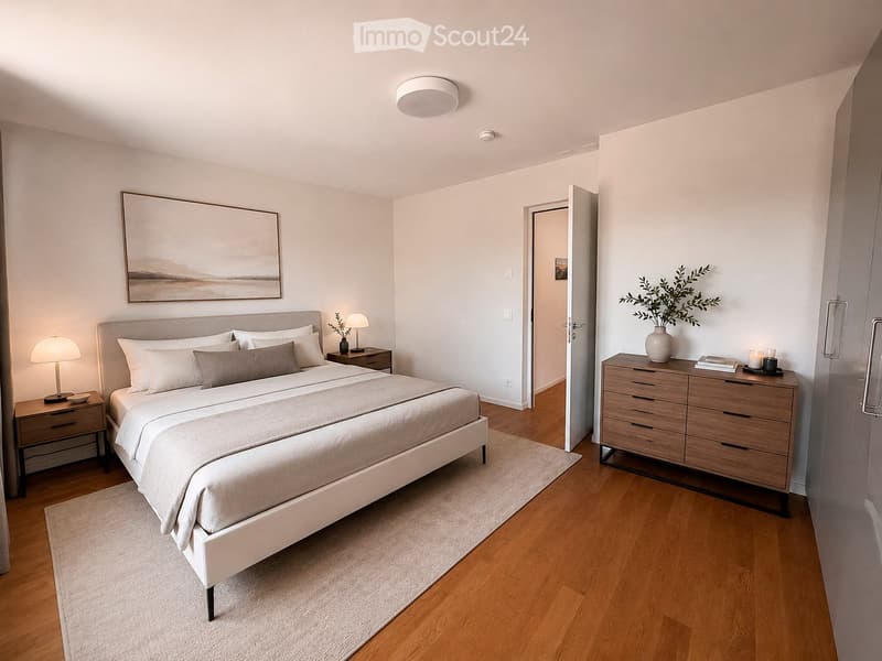 Modern bedroom with a large bed, nightstands, lamps, a dresser with drawers, and a vase with greenery on top.