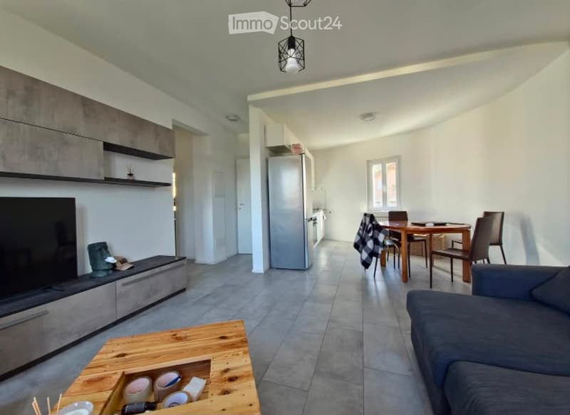 Modern open-plan living and dining area with grey sofa, wooden coffee table, dining table with chairs, and kitchen area featuring cabinets and a refrigerator.