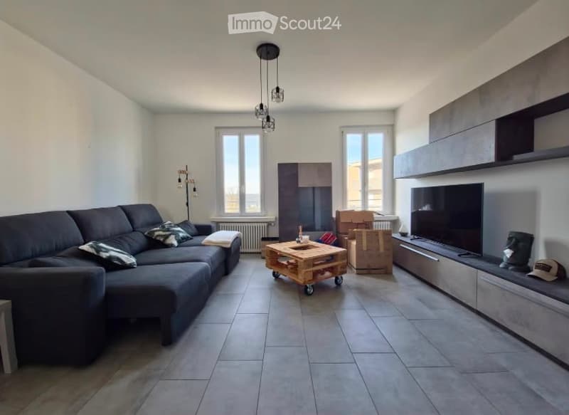 Modern living room with grey sofa, coffee table, TV, and cabinet. The space features large windows and tiled flooring.