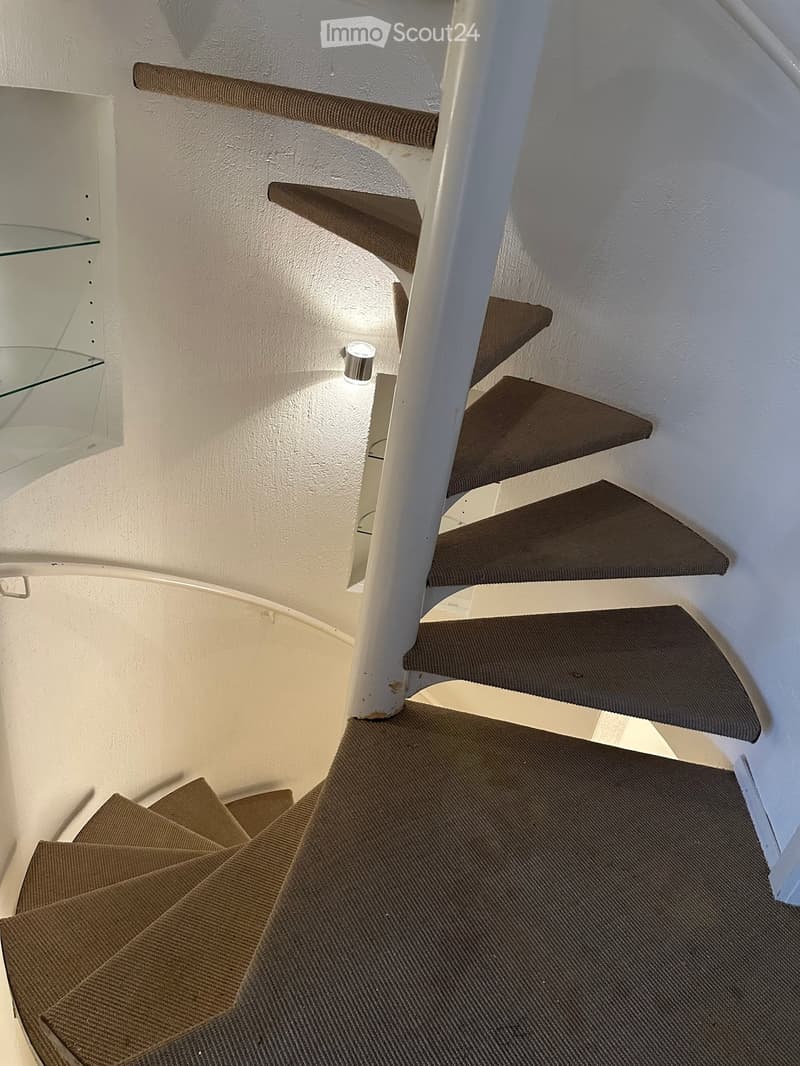 Spiral staircase with carpeted steps and white handrail, illuminated by a small wall-mounted light fixture.