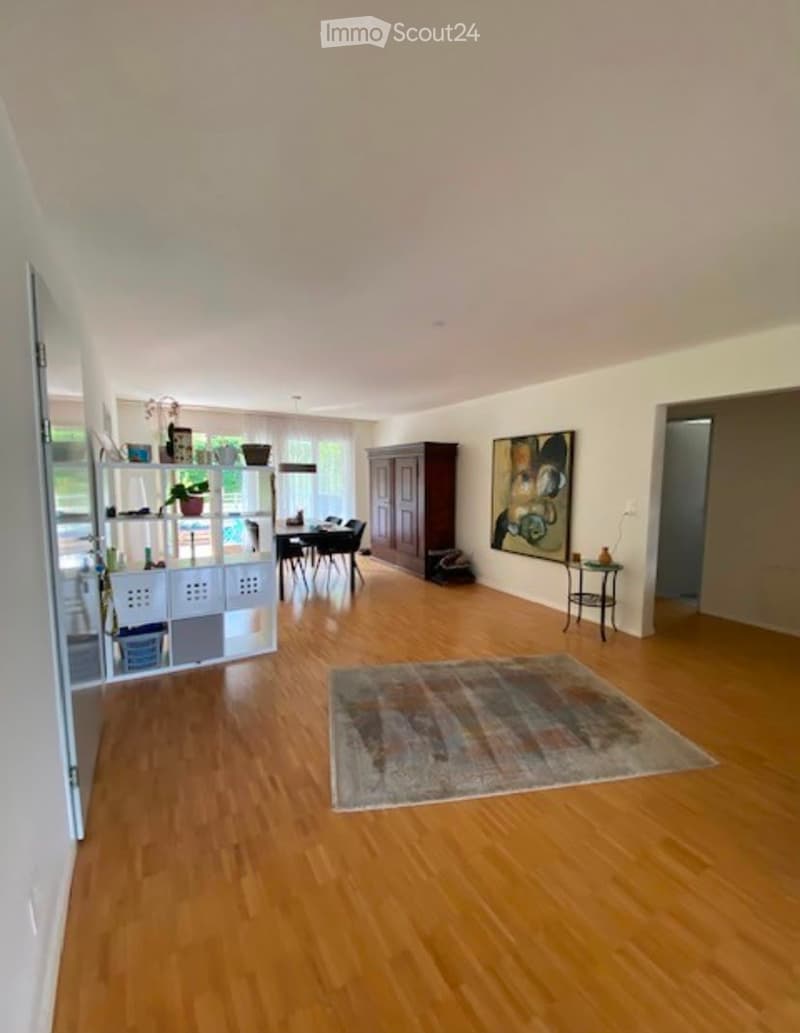 Open-plan living and dining area with wooden flooring, a large area rug, a white shelving unit, a dark wooden cabinet, a dining table with chairs, a side table with a lamp, and a large painting on the wall.