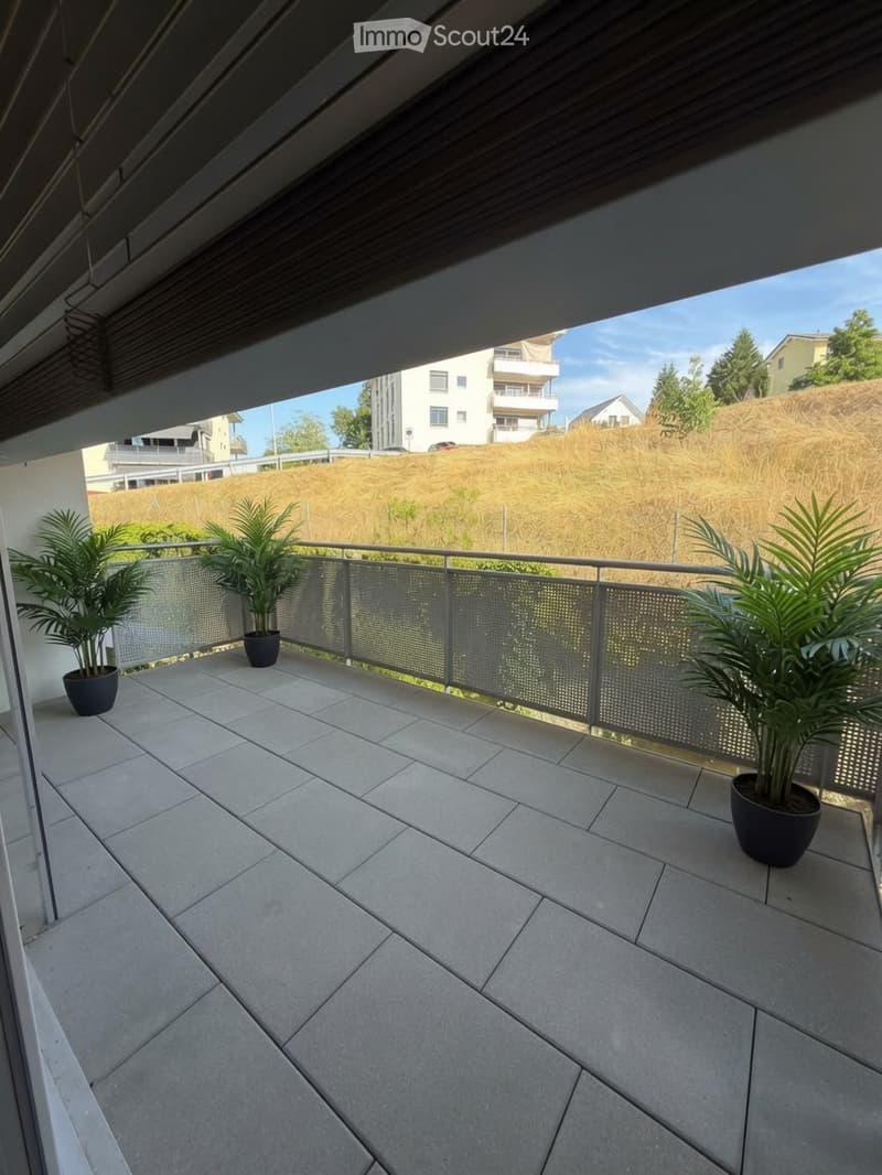 Balcony with grey tiled floor, metal railing, and potted plants.